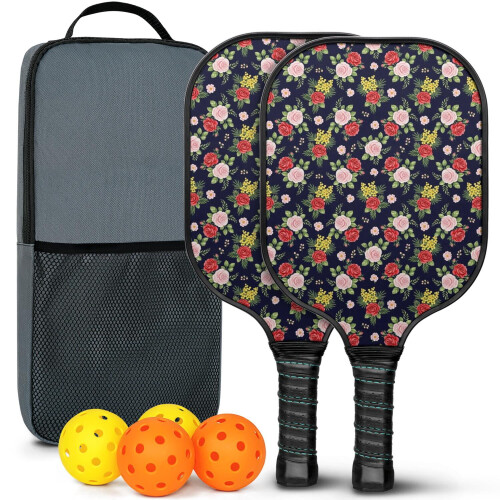 Σετ κουπιών Pickleball με ρακέτες από fiberglass σε floral σχέδια, 2 μπάλες και τσάντα –