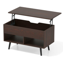 Mesa de centro elevable de 80 cm con compartimento oculto y 2 estantes abiertos, color marrón.