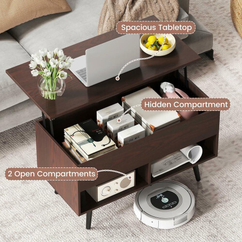 Table basse relevable de 80 cm avec compartiment caché et 2 étagères ouvertes, marron 2