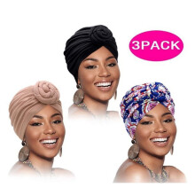 Foulards africains pour femmes – Lot de 3 turbans, bonnets et bonnets à nœud pré-noués (noir, fleur bleue, kaki)