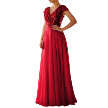 Abschlussballkleid, langes, elegantes Abendkleid mit V-Ausschnitt, Pailletten und Chiffon-Einsätzen, auch als Brautjungfernkleid geeignet.