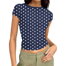 Top de mujer, top informal estampado de manga corta con cuello redondo y mangas ajustadas, top ajustado con agujeros y rayas, blusa cómoda y