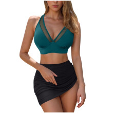Kukoosong Dam Baddräkt med Push Up-vadderad Bralette-topp och Badkjol, Enfärgad, Ärmlös Baddräkt