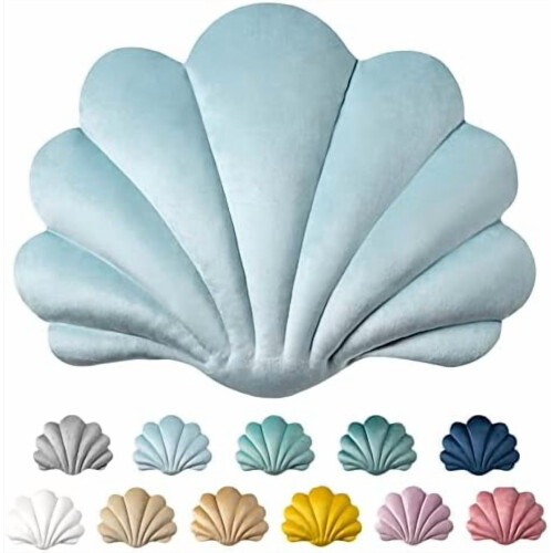 Almofada decorativa Ashler3D em formato de concha, enchimento de veludo macio, azul claro, 35,5 x 28 cm (14 x 11 polegadas), pacote com 1 unidade.