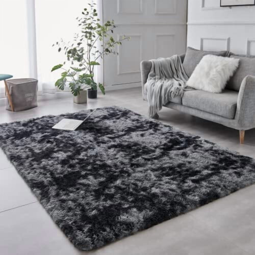 Χαλί Shag, 5x7ft Tie-dye σκούρο γκρι αναβάθμιση αντιολισθητικό ανθεκτικό ορθογώνιο