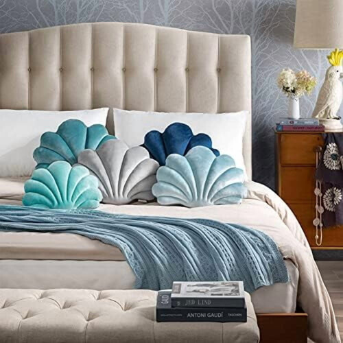Almofada decorativa Ashler3D em formato de concha, enchimento de veludo macio, azul claro, 35,5 x 28 cm (14 x 11 polegadas), pacote com 1 unidade. 1