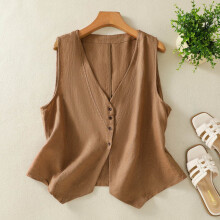 Chaleco de algodón y lino para mujer YOUSNH, estilo casual, holgado, con cuello en V, sin mangas, chaqueta, para mujer, color café_001XXL