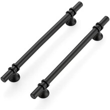 Conjunto de 5 puxadores de armário de 25 cm (10 polegadas) com base redonda, acabamento preto fosco, para gavetas e armários de cozinha.
