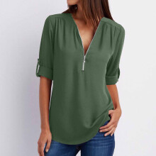 Blusa de verano informal de talla grande para mujer con cremallera, tipo túnica, con mangas enrollables, color verde.
