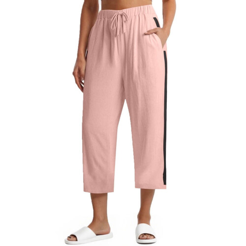 Γυναικείο Μονόχρωμο Παντελόνι Capris με Ρίγες στο Πλάι, Κορδόνι στη Μέση, με Τσέπες,