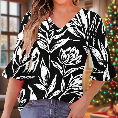 Γυναικεία Μπλούζα με Στάμπα και V-Neck, Πλισέ Μανίκια στο Τέταρτο, Βολάν – Άνετο 1