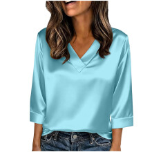 Top femme, pull décontracté ample en satin pour le printemps et l'été, manches trois-quarts et col en V, blouse confortable de couleur unie pour