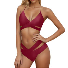 Conjunto de biquíni feminino Kukoosong, modelo conservador, duas peças, em cor sólida, com calcinha tipo saia e alças finas ajustáveis.