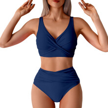 Kukoosong dames tweedelig badpakset met hoge taille, effen kleur, conservatieve geplooide bikini met ondersteunende bralette top.