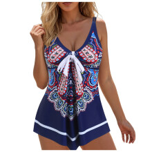 Dames 2025 Tankini Badpakken Zwemkleding Geplooide Tweedelige Badpakken Blouson (Donkerblauw, XXL)