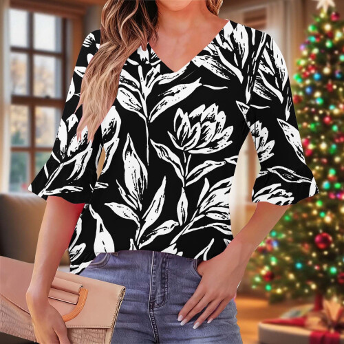 Γυναικεία Μπλούζα με Στάμπα και V-Neck, Πλισέ Μανίκια στο Τέταρτο, Βολάν – Άνετο 2