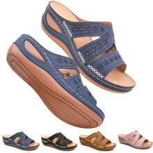 Sandalen met bloemenprint en sleehak voor dames, met voetboogondersteuning, instapsandalen, comfortabele zomerschoenen, casual sandalen met open