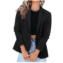 Damenblazer, lässiger Blazer, langärmlig, offener Blazer mit Knopfleiste und Taschen, Business-Blazer, Schwarz