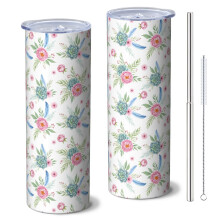 Pioneer Flower Floral 60 cl smalt tumbler med sugrör och lock, dubbelväggig vakuumisolerad, läckagesäker, mugghållarvänlig, varm 6 timmar/kall
