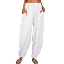 QLEICOM Dames Relaxed Fit Katoen-Linnen Rechte Pijpen Broek, Wijde Pijpen Casual Broek met Zakken – Wit, S