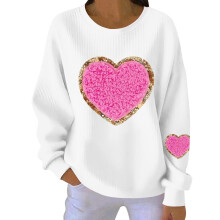 Felpa da donna per San Valentino con stampa a cuori, girocollo a coste, maniche lunghe, casual.