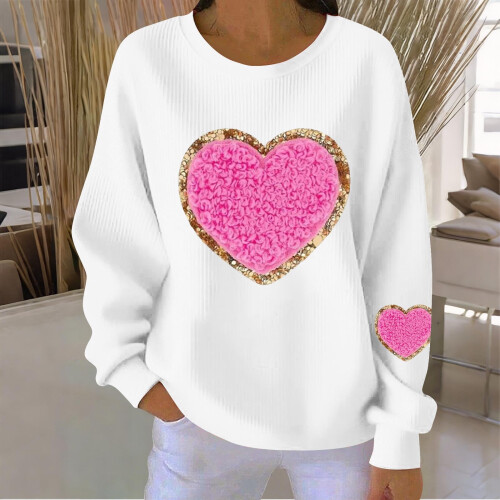 Felpa da donna a coste con scollo rotondo e cuore per San Valentino, lunga 1