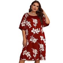 Camicia da notte in seta ghiaccio con stampa floreale, taglie forti, maniche corte, scollo rotondo, vestibilità ampia, lunghezza midi – Adatta