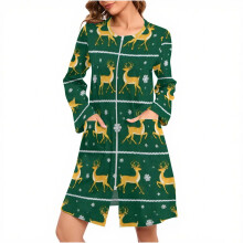 Camicia da notte natalizia da donna con stampa di renne, abbigliamento da notte a tema festivo, comoda camicia da notte in pile spazzolato a maniche