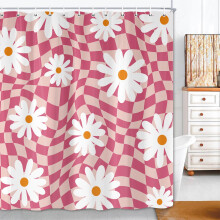 Cortina de ducha retro rosa de los años 70, diseño floral a cuadros y margaritas de colores, estética vintage y moderna, 60 x 72 pulgadas –