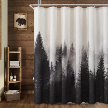 Cortina de ducha Bosque de Montaña – Tejido de lino grueso, Árbol de la Naturaleza Negro, Cortina de baño Bosque Brumoso, 72x78 pulgadas,