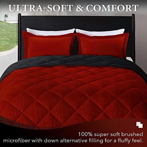 Queen Comforter Set Red Black 3-Piece All-Season 1