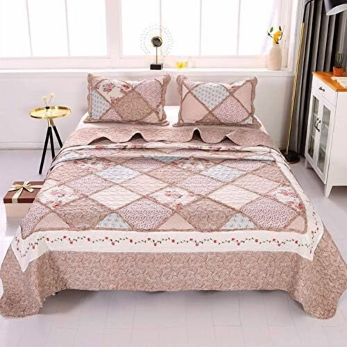 Blåt blomstermønster patchwork quiltsæt Queen 3-delt 2