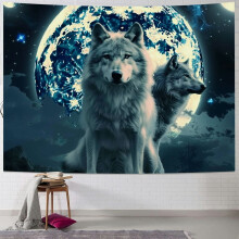Wolf Moon Gobelin Kék Galaxis Erdő Minta 40x60 hüvelyk