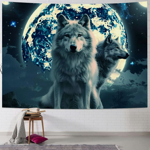 Ταπισερί Cool Wolf Moon, Κρεμαστό Τοίχου με Φάση Σελήνης σε Μπλε Γαλαξία, Δάσος –