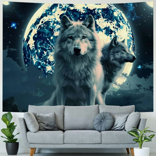 Ταπισερί Cool Wolf Moon, Κρεμαστό Τοίχου με Φάση Σελήνης σε Μπλε Γαλαξία, Δάσος – 2
