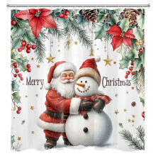 Cortina de ducha navideña con Papá Noel y muñeco de nieve, con purpurina, impermeable, 182 x 182 cm, 12 ganchos, compatible con barras de ducha