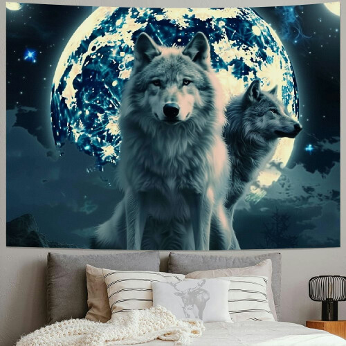 Wolf Moon -gobeliini, sininen galaksimetsäkuvio, 40x60 tuumaa 1