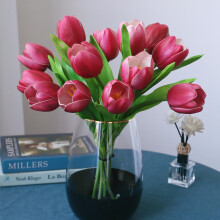 Tulipanes artificiales a granel – Rosa fucsia, tacto real, tamaño grande, 10 unidades – para bodas, hogar, cocina, San Valentín, Día de la