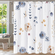 Cortina de ducha floral de 72x72 pulgadas, diseño de flores y hojas azules, tela blanca impermeable con ganchos – Compatible con duchas estándar