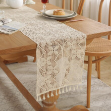 Boho virkad spetslöpare med tofsar, rustik lantlig nätdekoration för bröllop/dusch – 25x18 cm