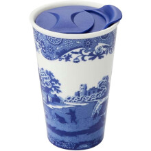 Tazza da viaggio in porcellana blu italiana da 240 ml con coperchio – Bicchiere con motivo paesaggistico, compatibile con la maggior parte dei