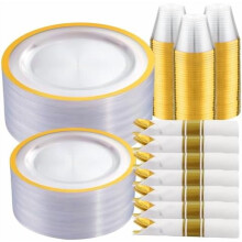 Set di 210 pezzi di piatti usa e getta trasparenti e dorati: 30 piatti piani da 26 cm (10,25"), 30 piatti da dessert da 19 cm (7,5"), 30 bicchieri