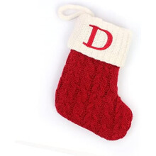 Meias de Natal com iniciais, meia de tricô vermelha e branca de 18 cm para árvore, lareira e decoração familiar.