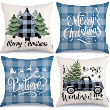 Capas de almofada decorativas de Natal, 45x45 cm, conjunto de 4, árvores de Natal/caminhão/xadrez búfalo/decoração rústica "Believe",