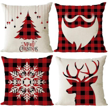 Set van 4 kerstkussenhoezen (50x50 cm), katoen-linnen, feestelijke thema's: bomen, rode vrachtwagen, sneeuwvlokken, hert — Geschikt voor standaard