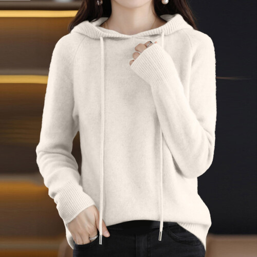 Damen-Kapuzenpullover, modischer Strickpullover mit langen Ärmeln, einfarbig, trendiger Freizeitpullover für den Herbst / Beige 1