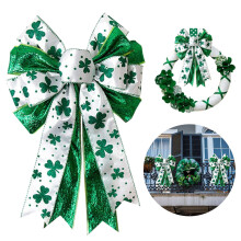 Grote witte en groene glitter klaverstrik, Ierse feestdecoratie, lintstrik voor krans, kerstboomtopper of voordeur.