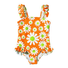 Maiô infantil feminino estampado, modelo único, com franzido lateral e cordão ajustável, ideal para praia e verão, tamanho 3T/4T (laranja, 3-4