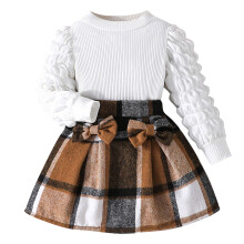 Conjunto de roupa infantil Ediodpoh para bebê menina, composto por blusa de manga comprida xadrez e saia com laço, duas peças, cor café, para