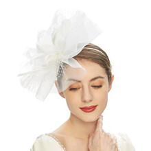 Sombrero tocado retro para mujer con plumas y malla, ideal para festivales hípicos, color blanco.